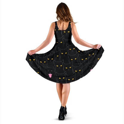 Black Cat Yellow Eyes Print Pattern Sleeveless Dress