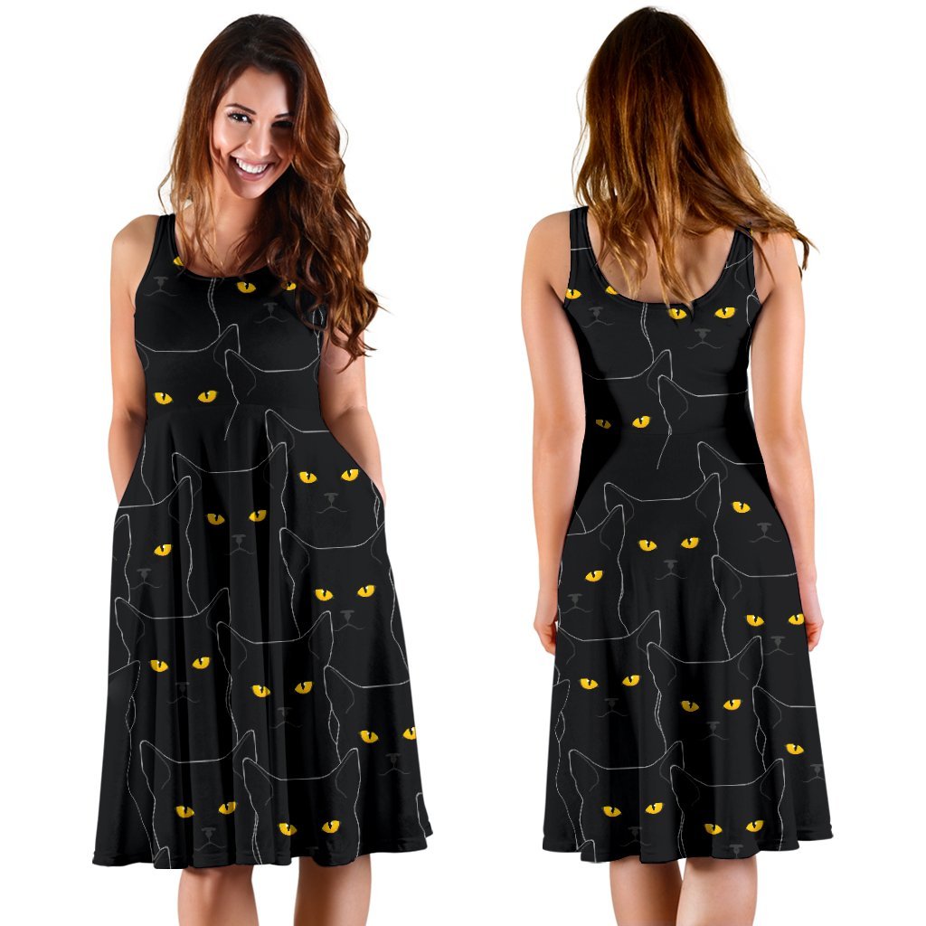 Black Cat Yellow Eyes Print Pattern Sleeveless Dress