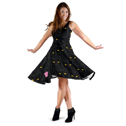 Black Cat Yellow Eyes Print Pattern Sleeveless Dress