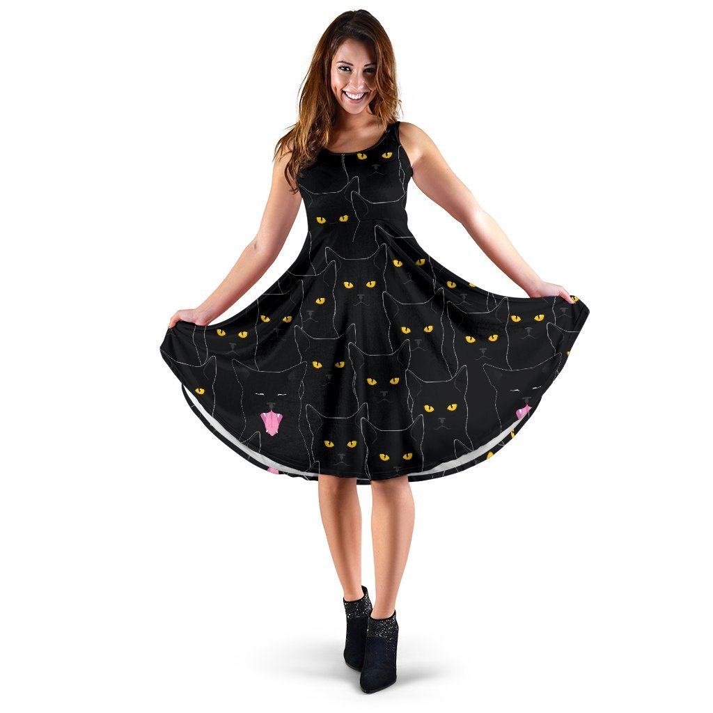 Black Cat Yellow Eyes Print Pattern Sleeveless Dress