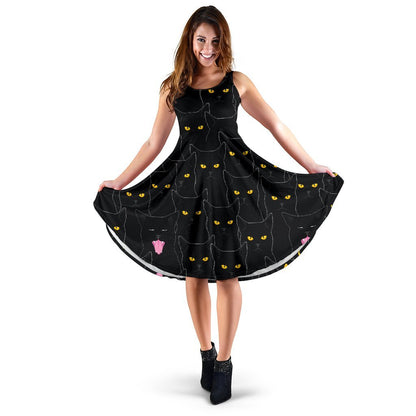 Black Cat Yellow Eyes Print Pattern Sleeveless Dress