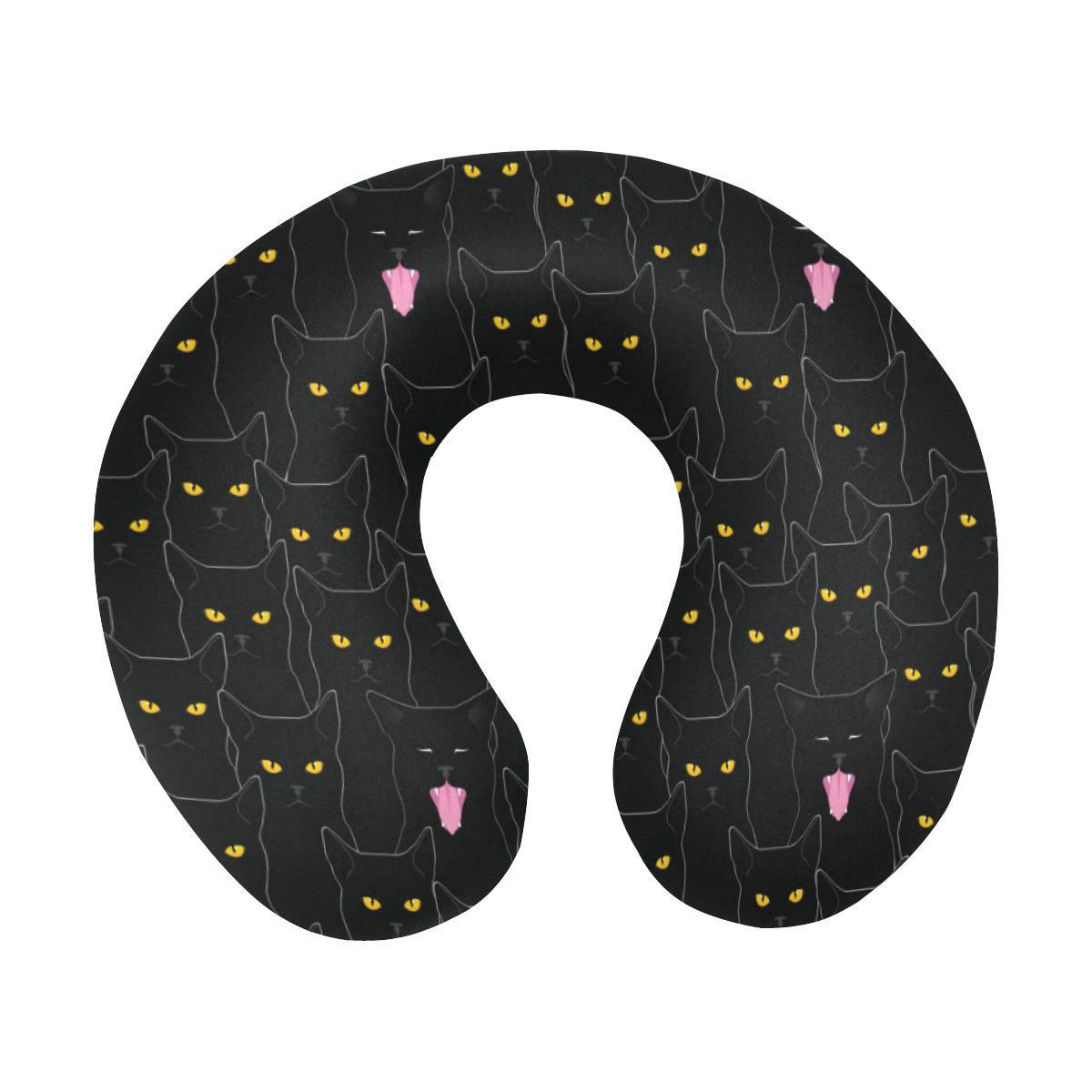 Black Cat Yellow Eyes Print Pattern U-Shaped Travel Neck Pillow-JTAMIGO.COM