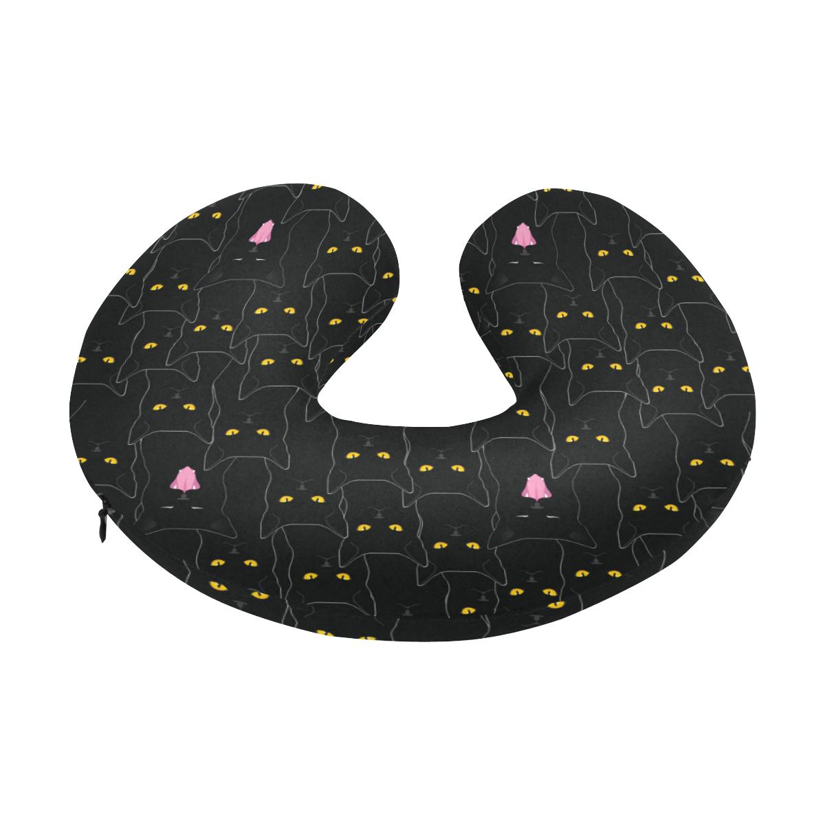 Black Cat Yellow Eyes Print Pattern U-Shaped Travel Neck Pillow-JTAMIGO.COM