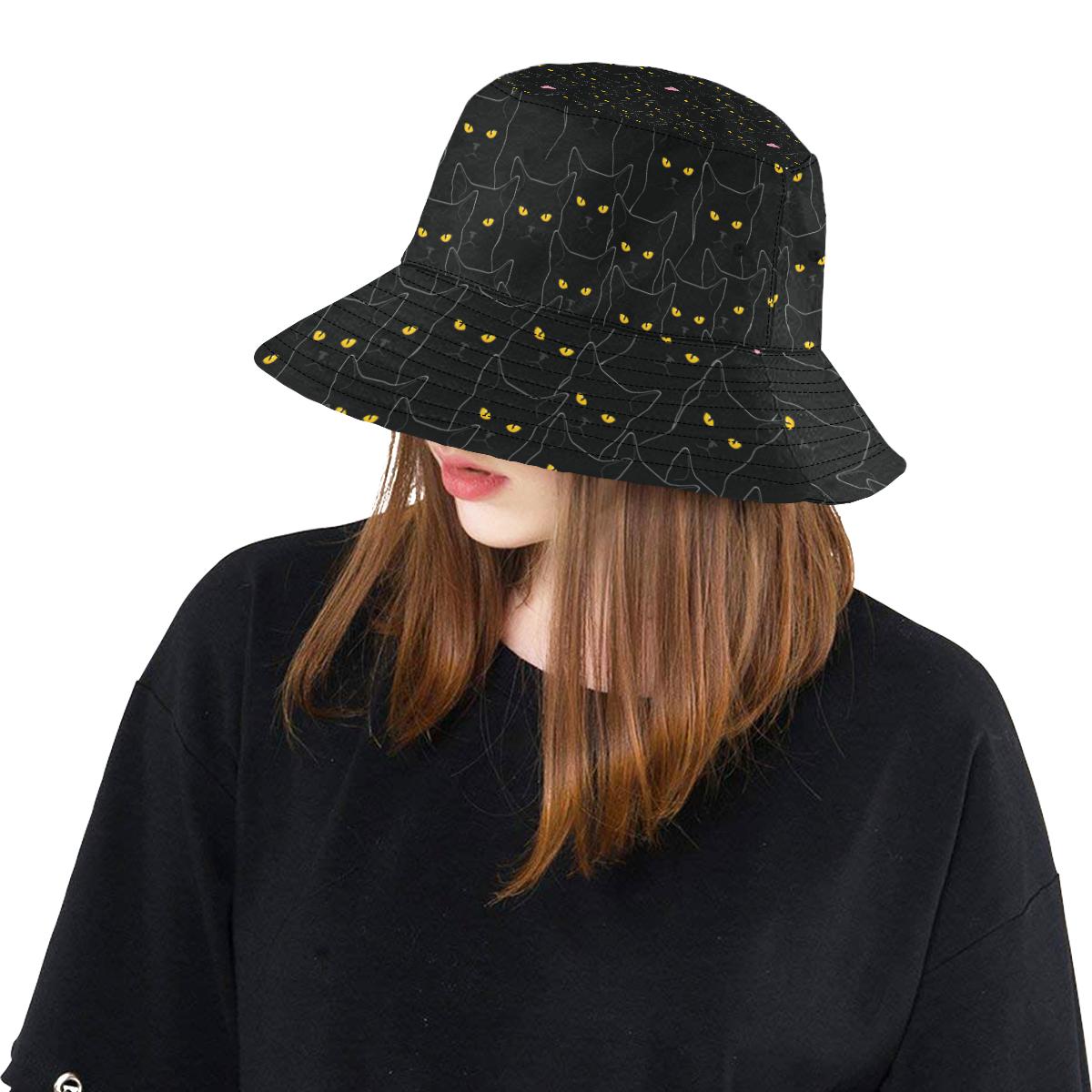 Black Cat Yellow Eyes Print Pattern Unisex Bucket Hat