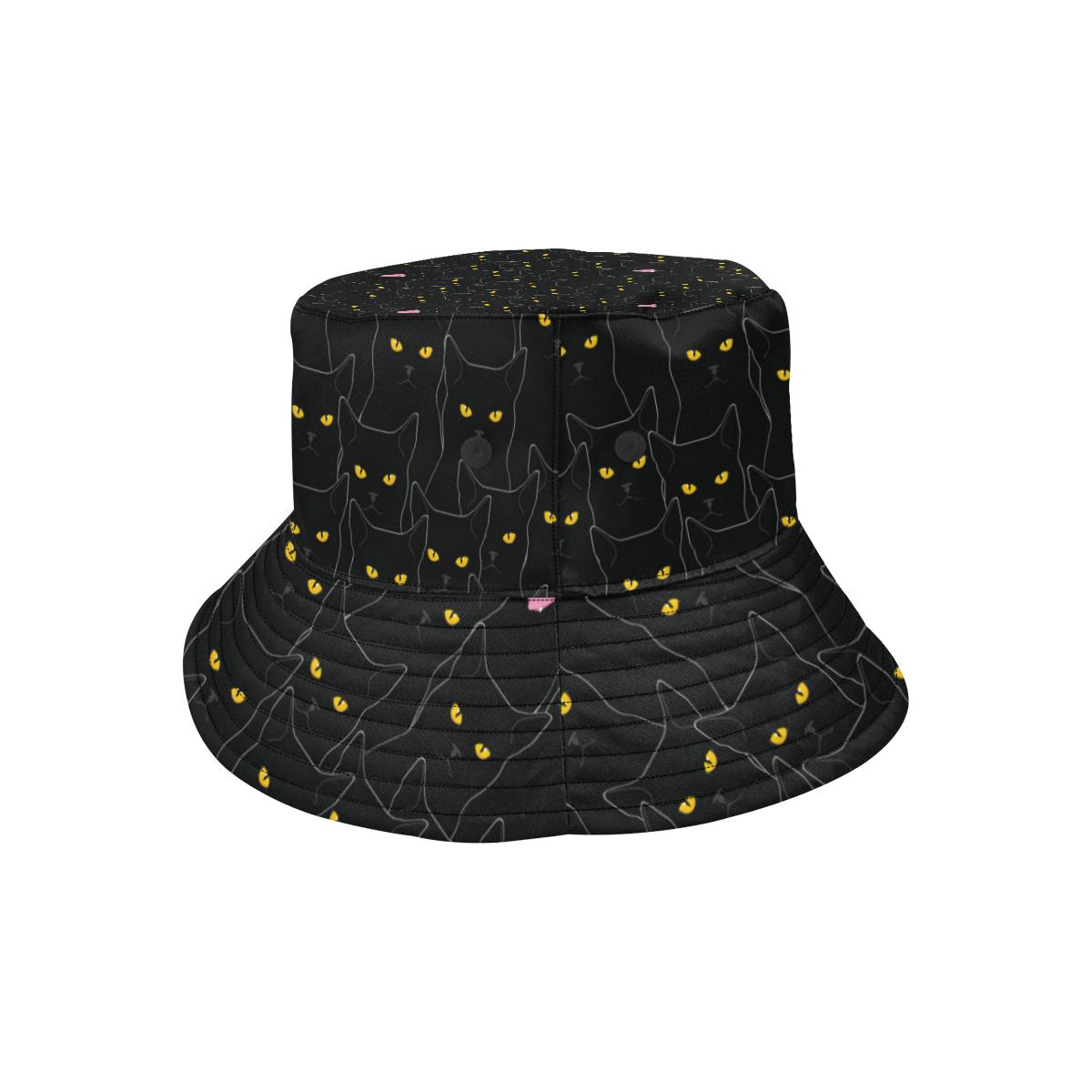 Black Cat Yellow Eyes Print Pattern Unisex Bucket Hat