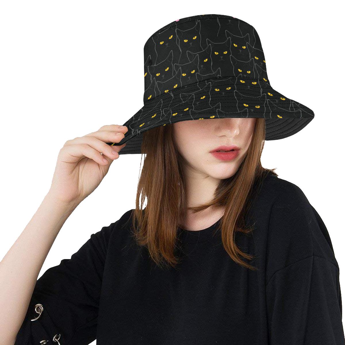 Black Cat Yellow Eyes Print Pattern Unisex Bucket Hat