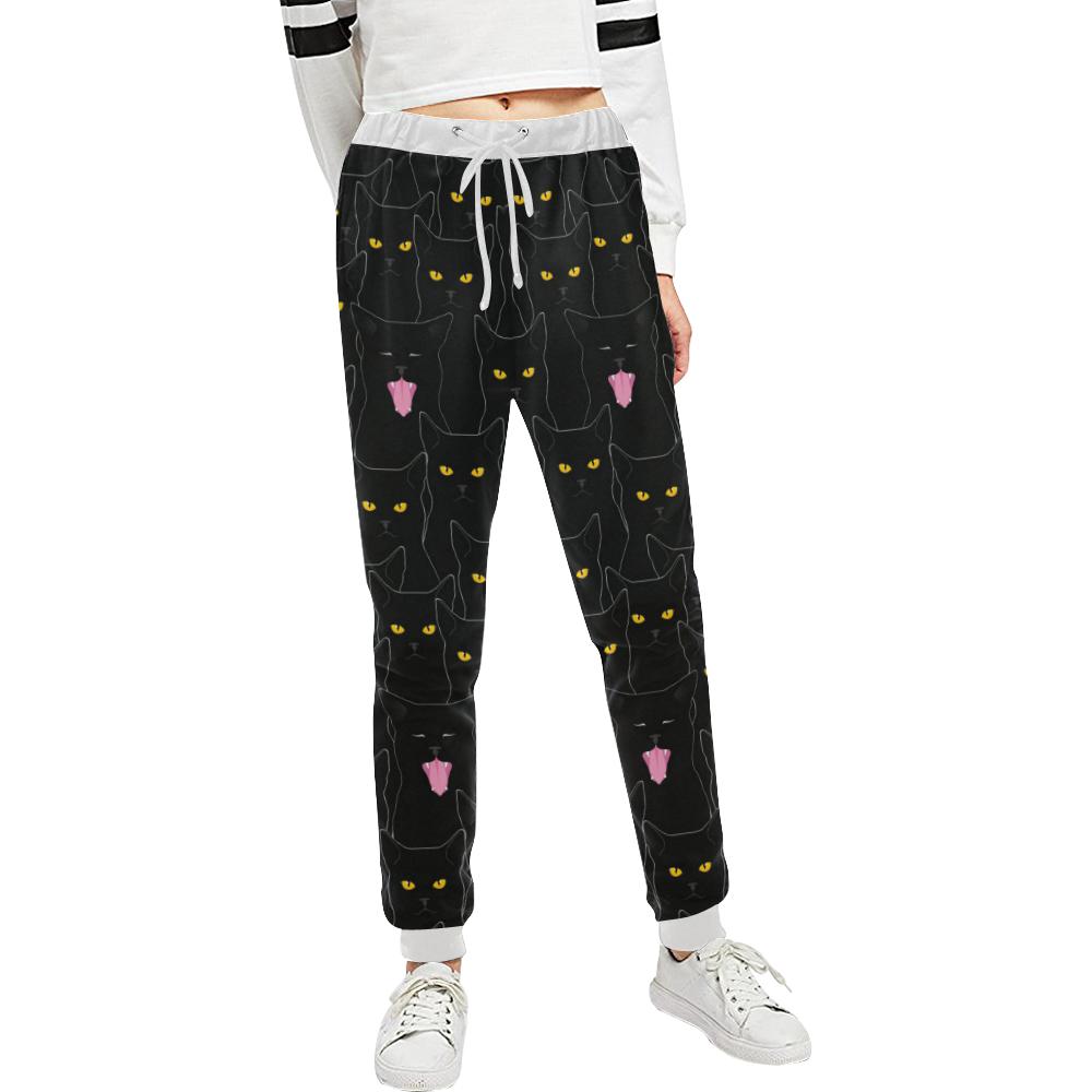 Black Cat Yellow Eyes Print Pattern Unisex Casual Sweatpants (Model L11)-JTAMIGO.COM