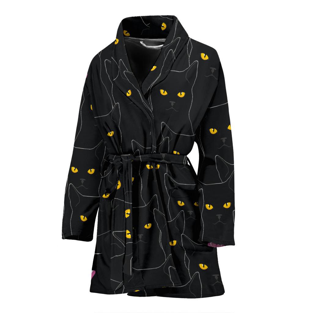 Black Cat Yellow Eyes Print Pattern Women Bath Robe-JTAMIGO.COM