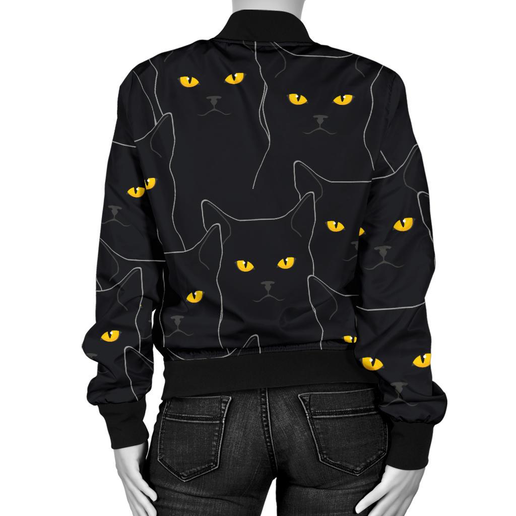 Black Cat Yellow Eyes Print Pattern Women Casual Bomber Jacket