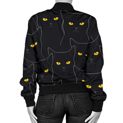 Black Cat Yellow Eyes Print Pattern Women Casual Bomber Jacket