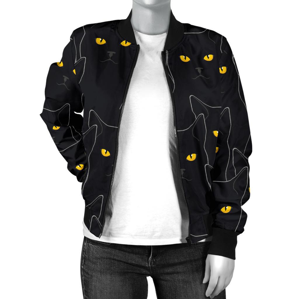 Black Cat Yellow Eyes Print Pattern Women Casual Bomber Jacket