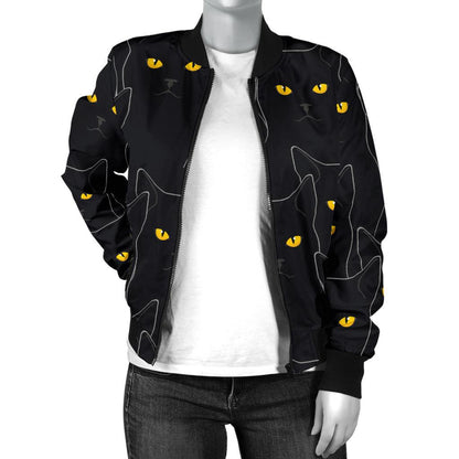 Black Cat Yellow Eyes Print Pattern Women Casual Bomber Jacket
