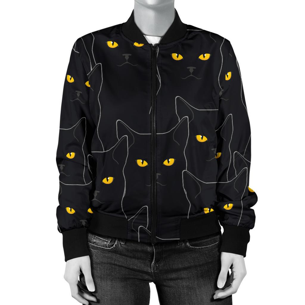 Black Cat Yellow Eyes Print Pattern Women Casual Bomber Jacket