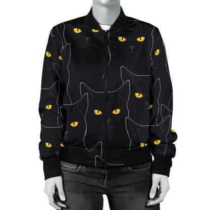 Black Cat Yellow Eyes Print Pattern Women Casual Bomber Jacket