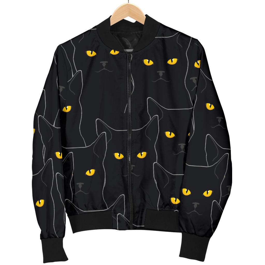 Black Cat Yellow Eyes Print Pattern Women Casual Bomber Jacket