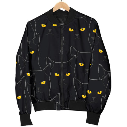Black Cat Yellow Eyes Print Pattern Women Casual Bomber Jacket