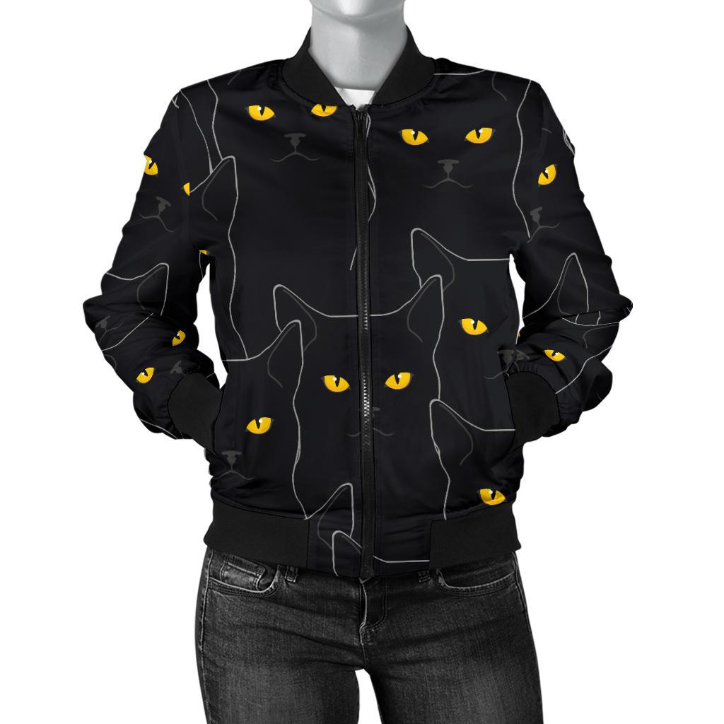 Black Cat Yellow Eyes Print Pattern Women Casual Bomber Jacket