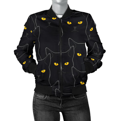 Black Cat Yellow Eyes Print Pattern Women Casual Bomber Jacket