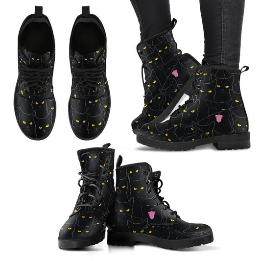 Black Cat Yellow Eyes Print Pattern Women Leather Boots-JTAMIGO.COM