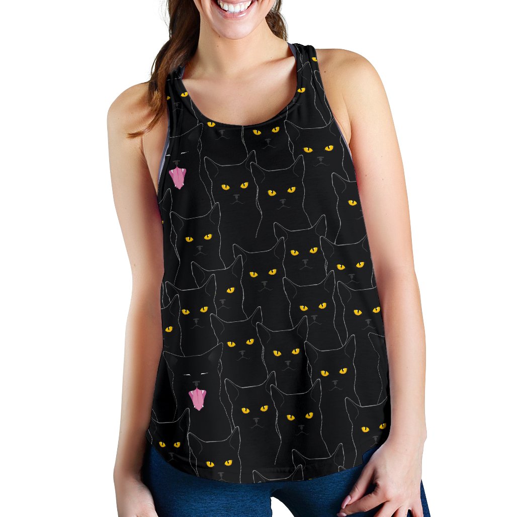 Black Cat Yellow Eyes Print Pattern Women Racerback Tank Top
