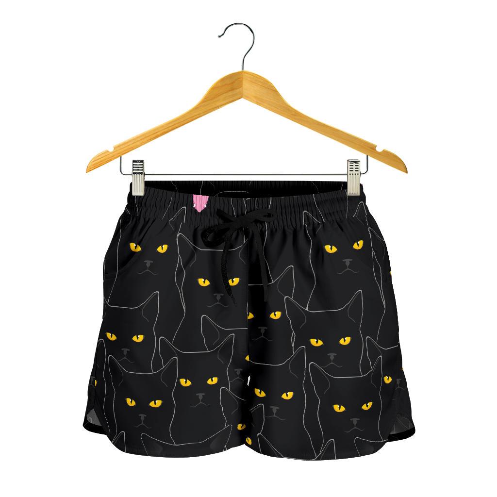 Black Cat Yellow Eyes Print Pattern Women Shorts-JTAMIGO.COM