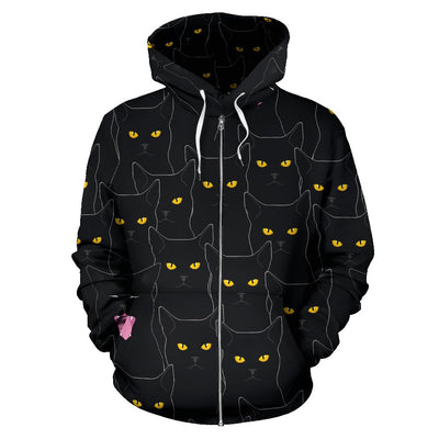 Black Cat Yellow Eyes Print Pattern Zip Up Hoodie