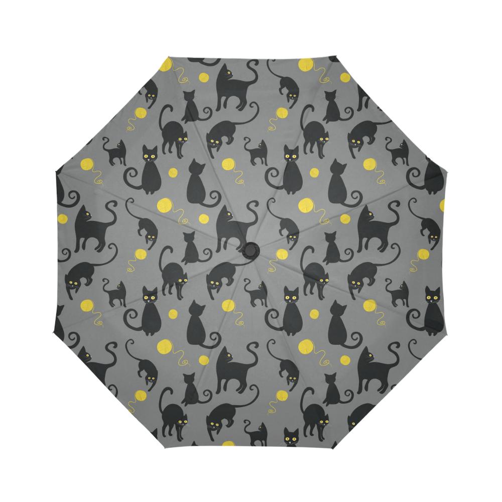 Black Cat Yellow Yarn Print Pattern Automatic Foldable Umbrella