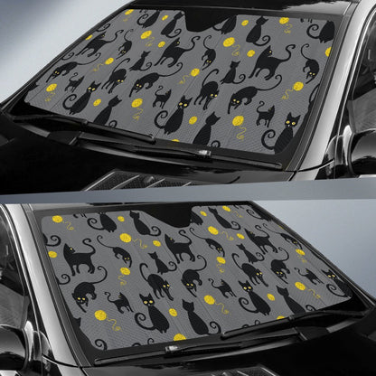 Black Cat Yellow Yarn Print Pattern Car Sun Shade For Windshield