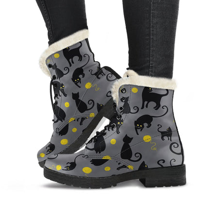 Black Cat Yellow Yarn Print Pattern Faux Fur Leather Boots-JTAMIGO.COM
