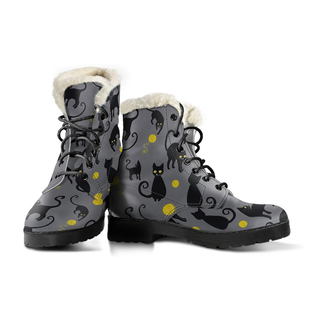 Black Cat Yellow Yarn Print Pattern Faux Fur Leather Boots-JTAMIGO.COM