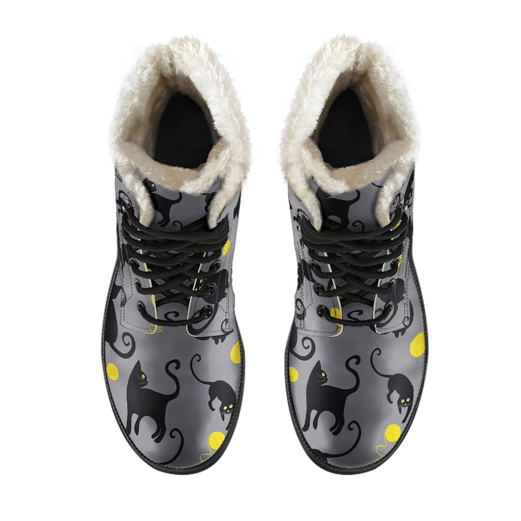 Black Cat Yellow Yarn Print Pattern Faux Fur Leather Boots-JTAMIGO.COM