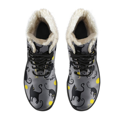 Black Cat Yellow Yarn Print Pattern Faux Fur Leather Boots-JTAMIGO.COM