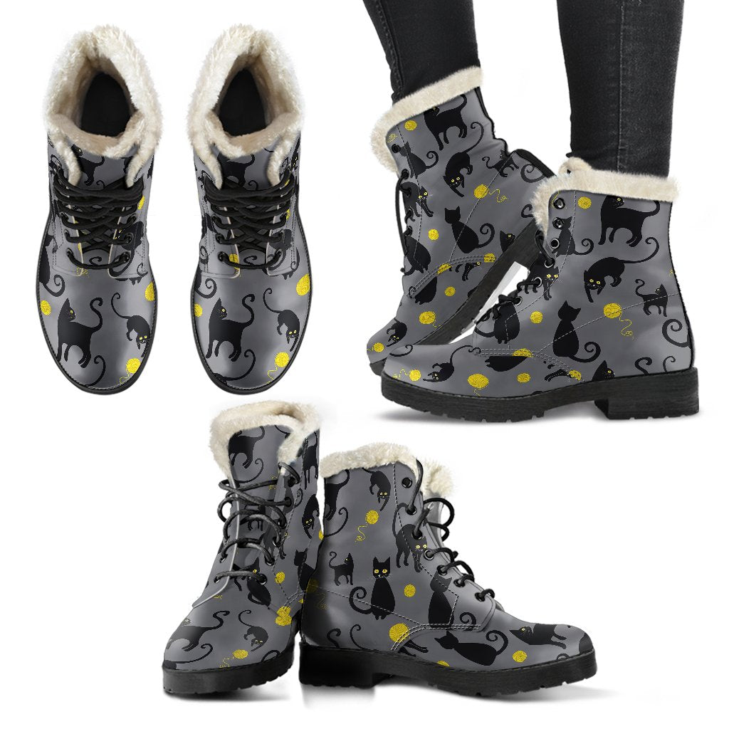 Black Cat Yellow Yarn Print Pattern Faux Fur Leather Boots-JTAMIGO.COM