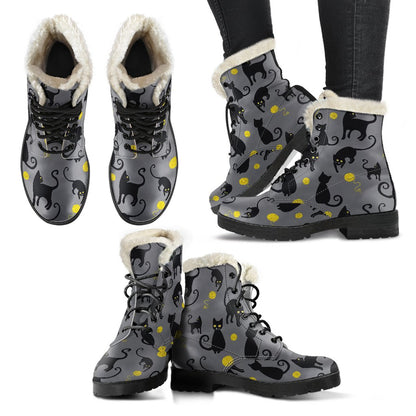 Black Cat Yellow Yarn Print Pattern Faux Fur Leather Boots-JTAMIGO.COM