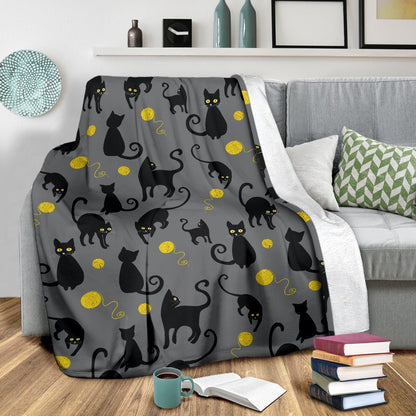 Black Cat Yellow Yarn Print Pattern Fleece Blanket