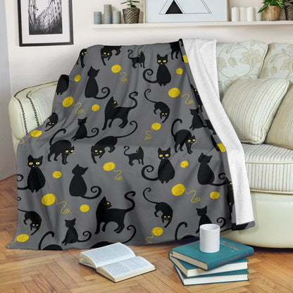 Black Cat Yellow Yarn Print Pattern Fleece Blanket