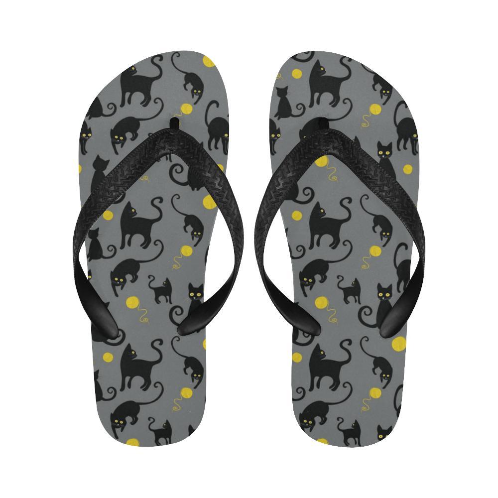 Black Cat Yellow Yarn Print Pattern Flip Flops-JTAMIGO.COM