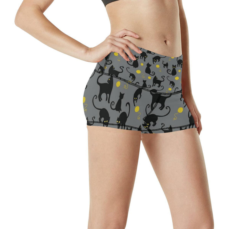Black Cat Yellow Yarn Print Pattern High Waisted Spandex Shorts-JTAMIGO.COM