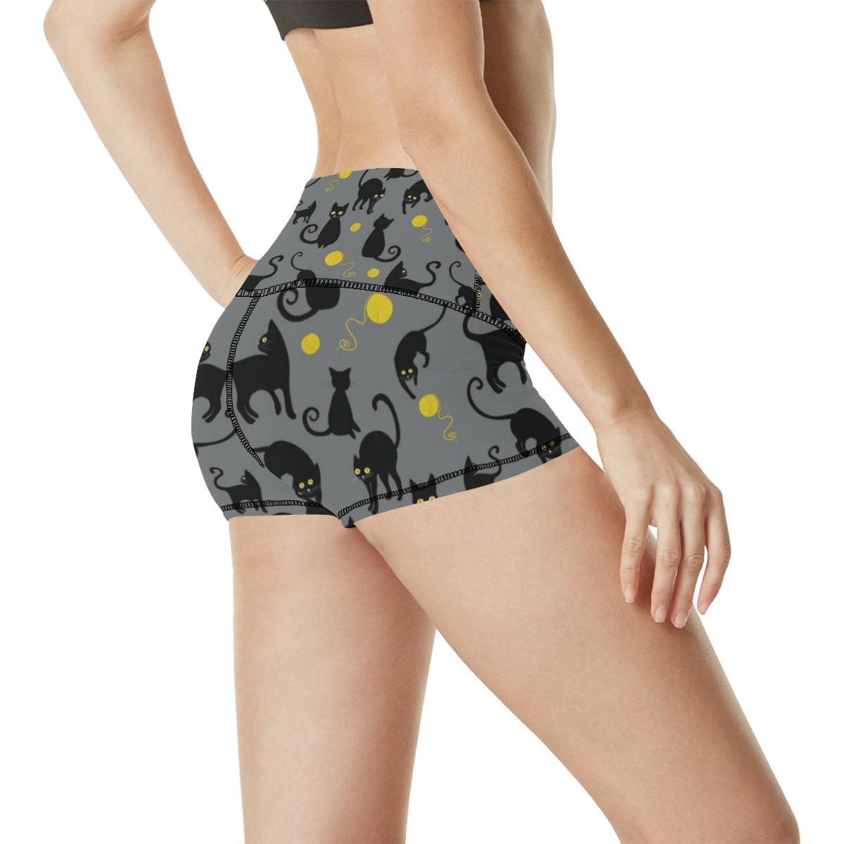 Black Cat Yellow Yarn Print Pattern High Waisted Spandex Shorts-JTAMIGO.COM