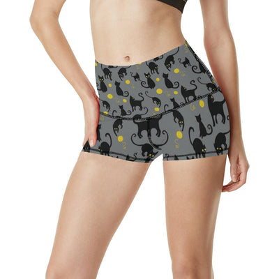 Black Cat Yellow Yarn Print Pattern High Waisted Spandex Shorts-JTAMIGO.COM