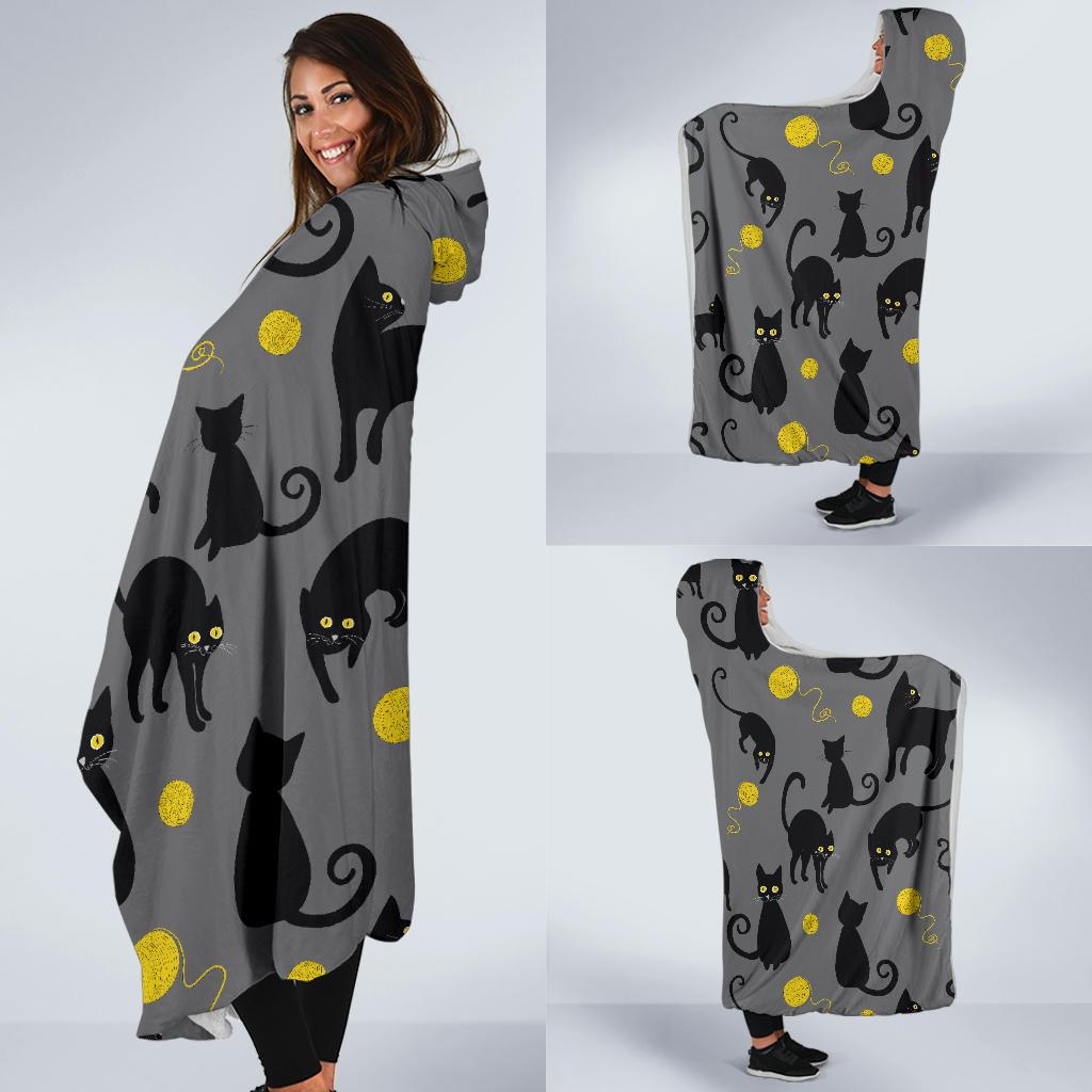 Black Cat Yellow Yarn Print Pattern Hooded Blanket-JTAMIGO.COM