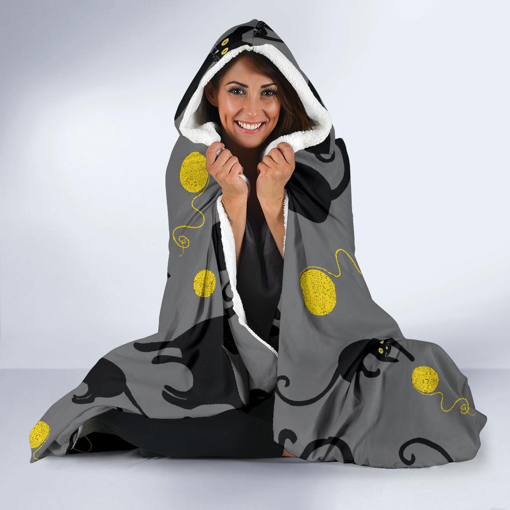 Black Cat Yellow Yarn Print Pattern Hooded Blanket-JTAMIGO.COM