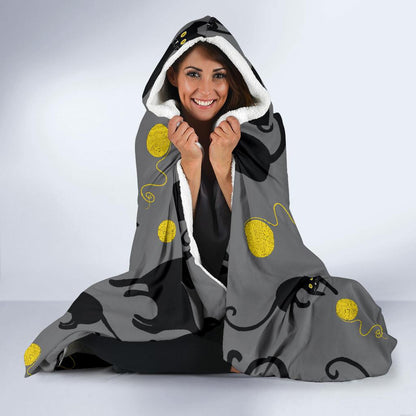 Black Cat Yellow Yarn Print Pattern Hooded Blanket-JTAMIGO.COM