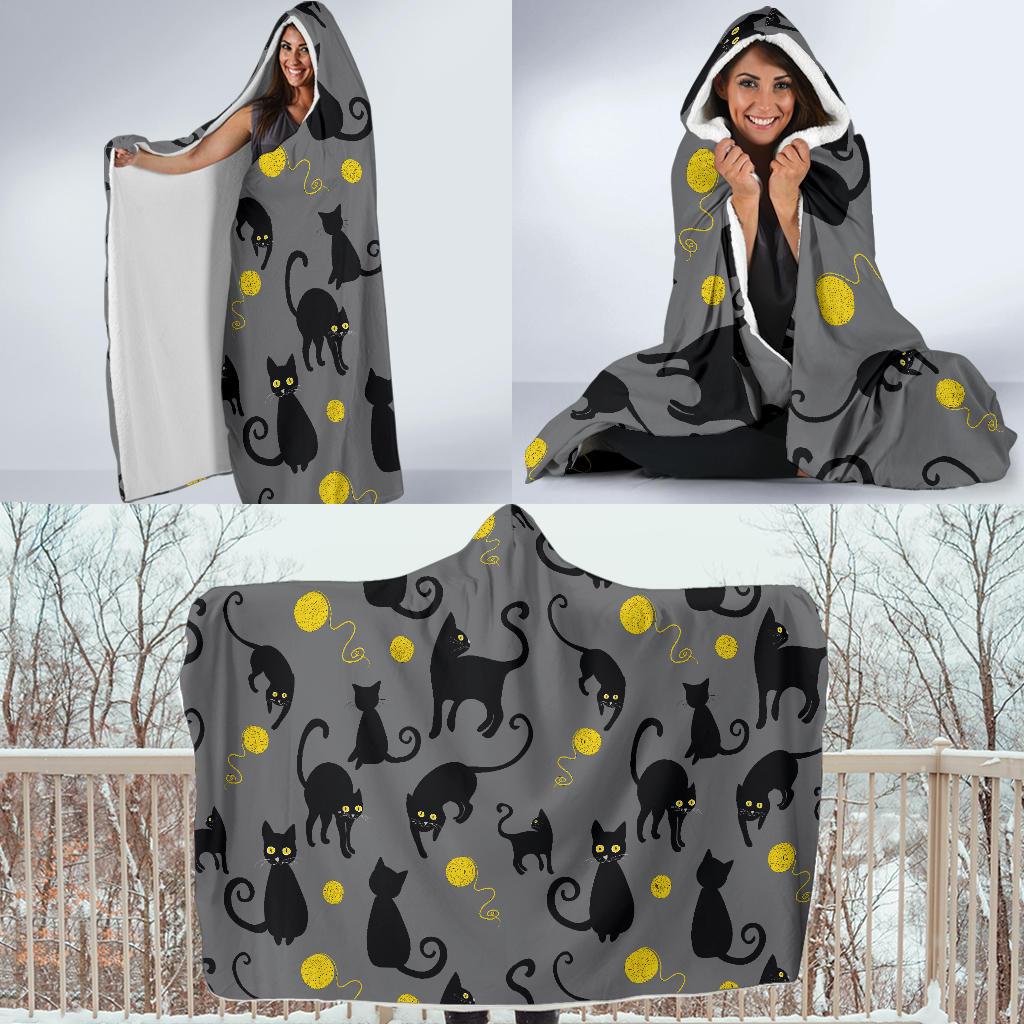 Black Cat Yellow Yarn Print Pattern Hooded Blanket-JTAMIGO.COM