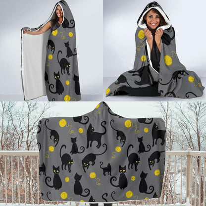 Black Cat Yellow Yarn Print Pattern Hooded Blanket-JTAMIGO.COM