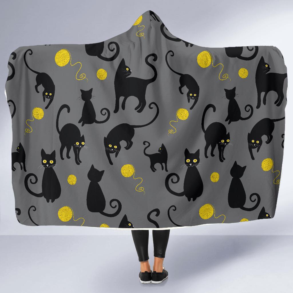 Black Cat Yellow Yarn Print Pattern Hooded Blanket-JTAMIGO.COM