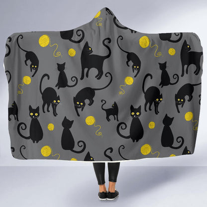 Black Cat Yellow Yarn Print Pattern Hooded Blanket-JTAMIGO.COM