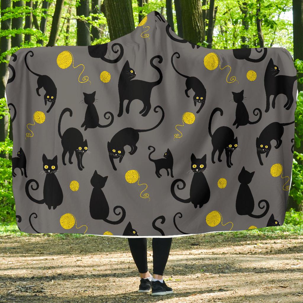 Black Cat Yellow Yarn Print Pattern Hooded Blanket-JTAMIGO.COM