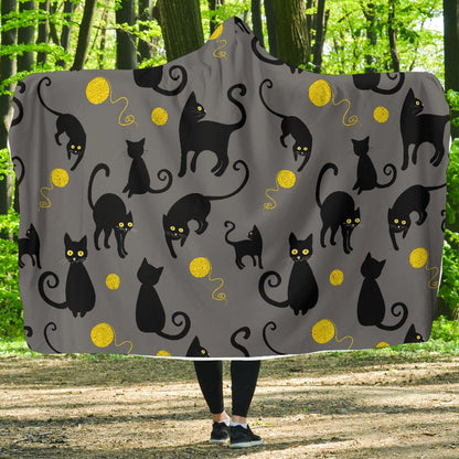 Black Cat Yellow Yarn Print Pattern Hooded Blanket-JTAMIGO.COM