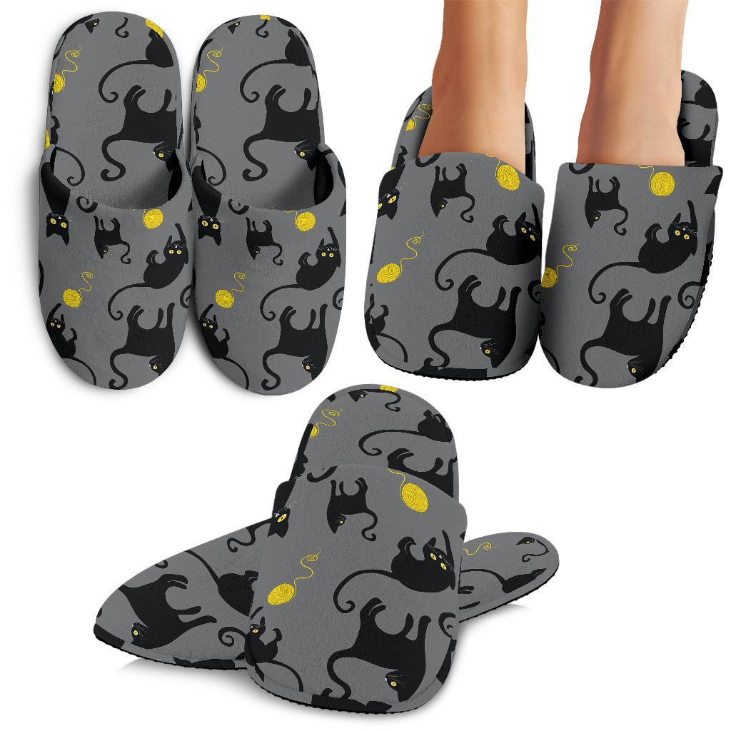 Black Cat Yellow Yarn Print Pattern House Slippers